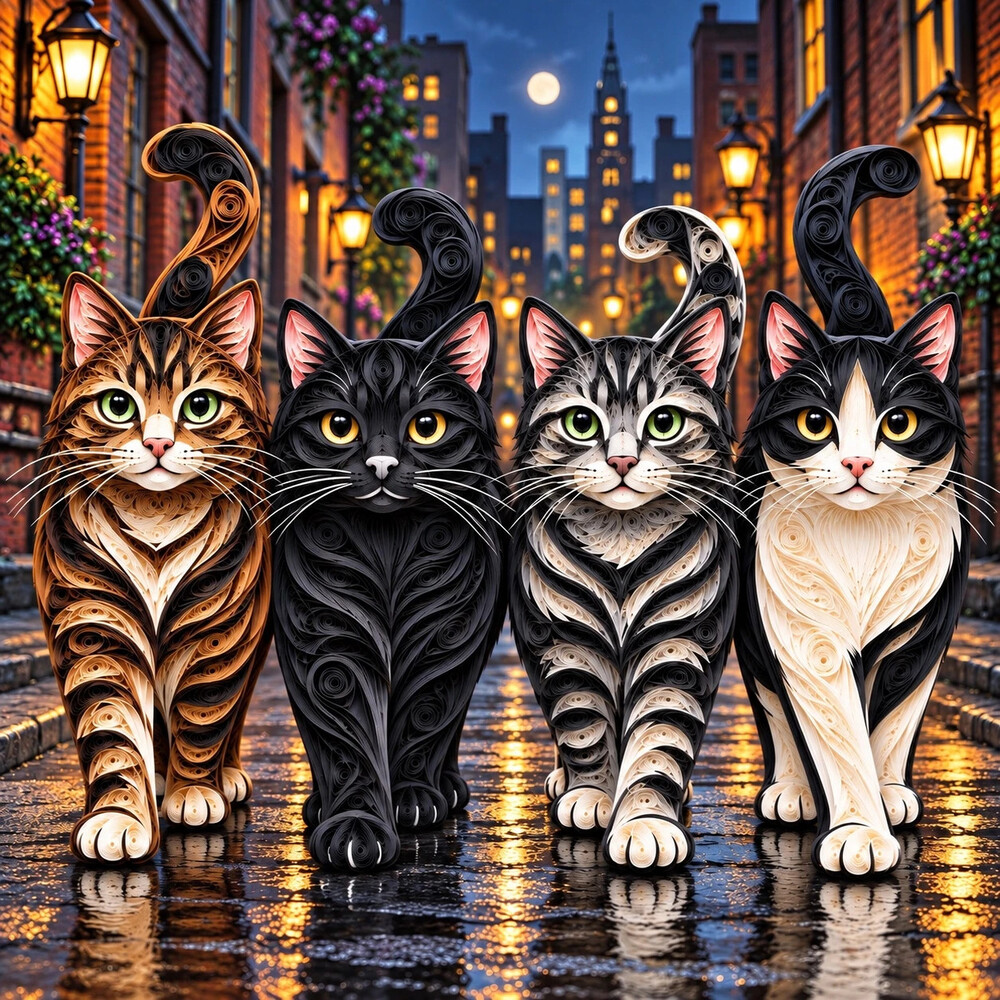 8x8 Framed Four Cats City Street Quilling Art Print